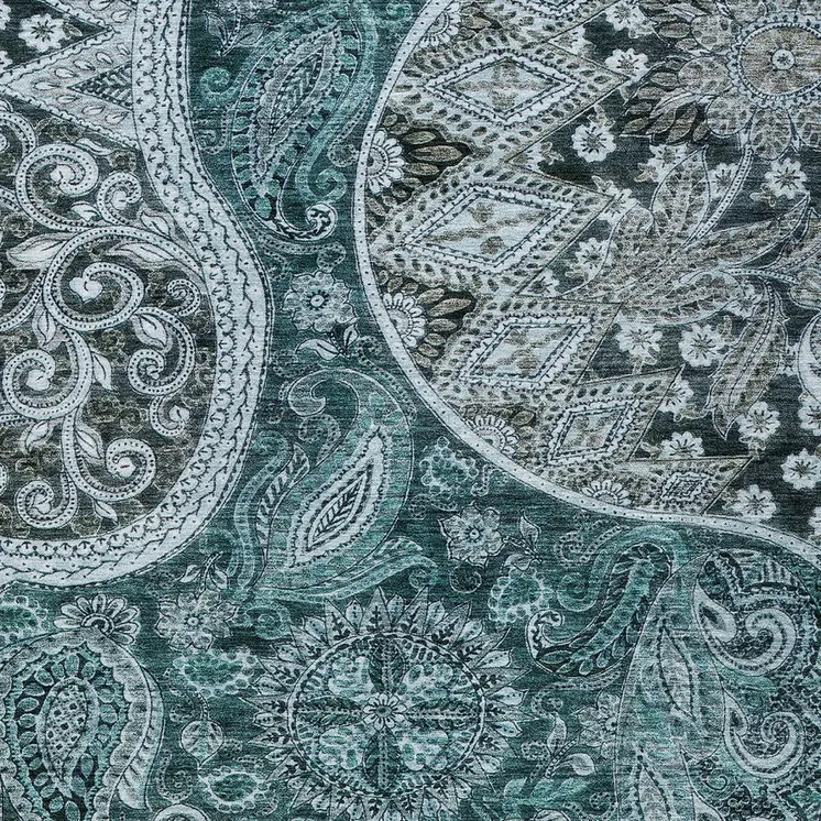 5' X 8' Teal Blue And Dark Green Floral Medallion Washable Indoor Outdoor Area Rug