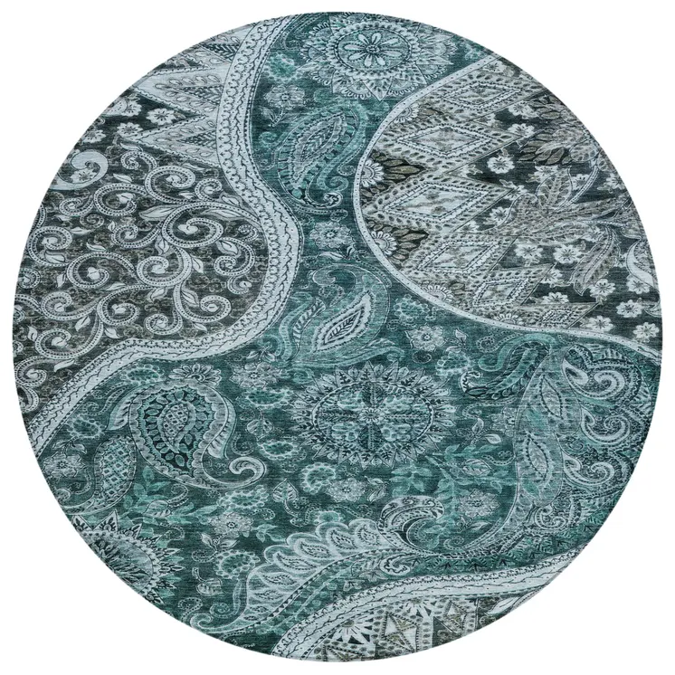 8' Teal Blue And Dark Green Round Floral Medallion Washable Indoor Outdoor Area Rug