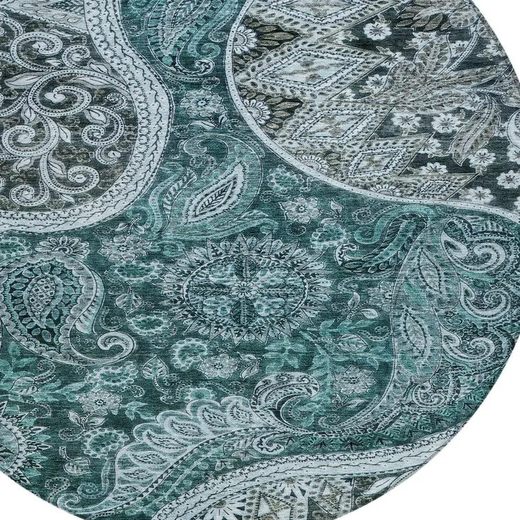 8' Teal Blue And Dark Green Round Floral Medallion Washable Indoor Outdoor Area Rug