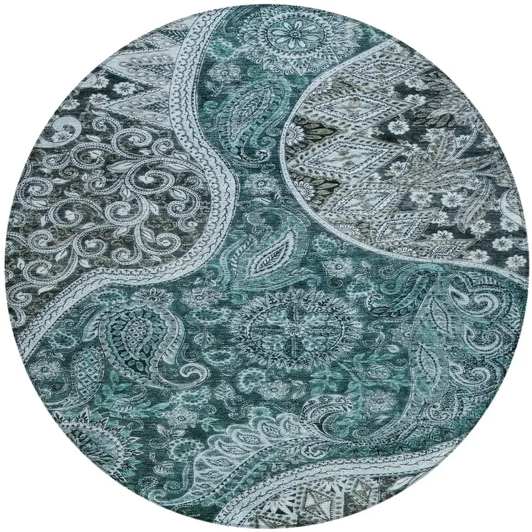 8' Teal Blue And Dark Green Round Floral Medallion Washable Indoor Outdoor Area Rug