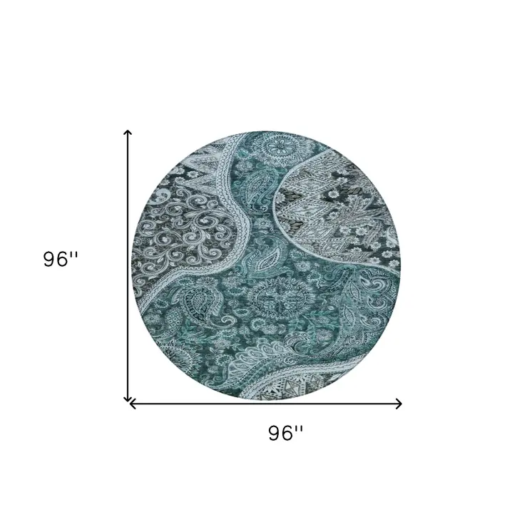 8' Teal Blue And Dark Green Round Floral Medallion Washable Indoor Outdoor Area Rug