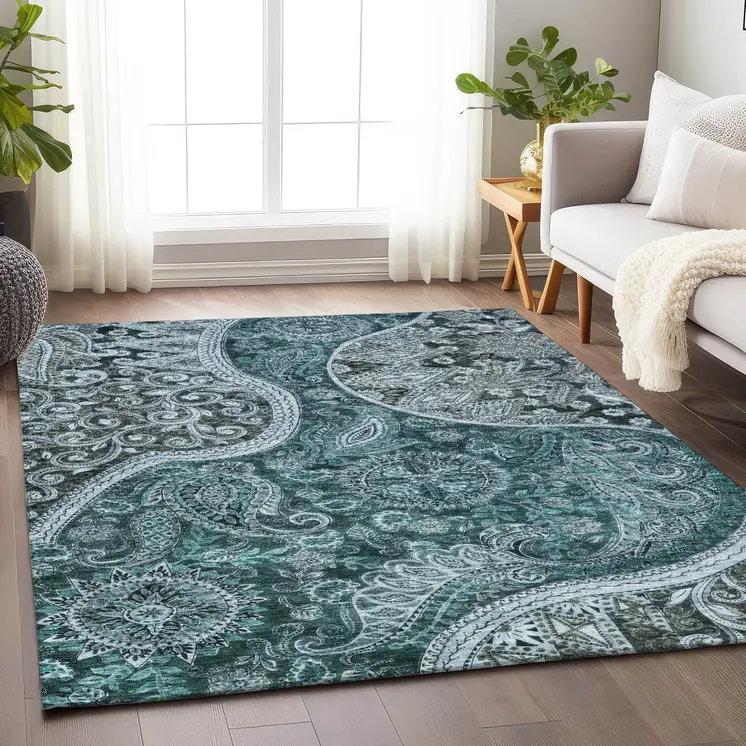 8' X 10' Teal Blue And Dark Green Floral Medallion Washable Indoor Outdoor Area Rug