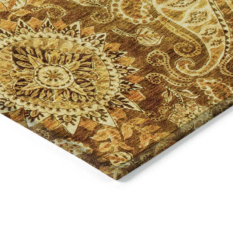 3' X 5' Terra Cotta Brown And Gold Floral Medallion Washable Indoor Outdoor Area Rug