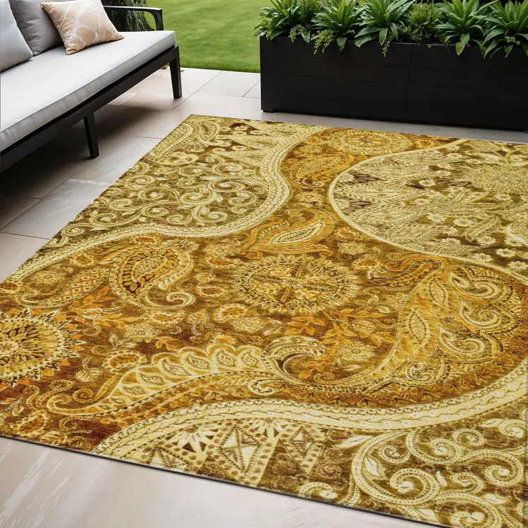 5' X 8' Terra Cotta Brown And Gold Floral Medallion Washable Indoor Outdoor Area Rug