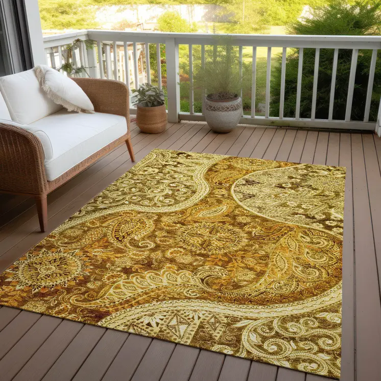 5' X 8' Terra Cotta Brown And Gold Floral Medallion Washable Indoor Outdoor Area Rug