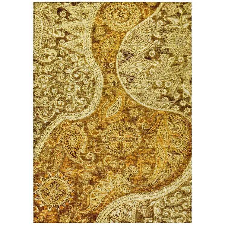 5' X 8' Terra Cotta Brown And Gold Floral Medallion Washable Indoor Outdoor Area Rug