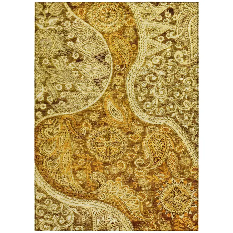 5' X 8' Terra Cotta Brown And Gold Floral Medallion Washable Indoor Outdoor Area Rug