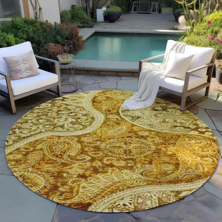 8' Terra Cotta Brown And Gold Round Floral Medallion Washable Indoor Outdoor Area Rug