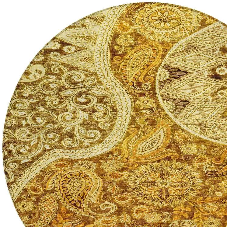 8' Terra Cotta Brown And Gold Round Floral Medallion Washable Indoor Outdoor Area Rug