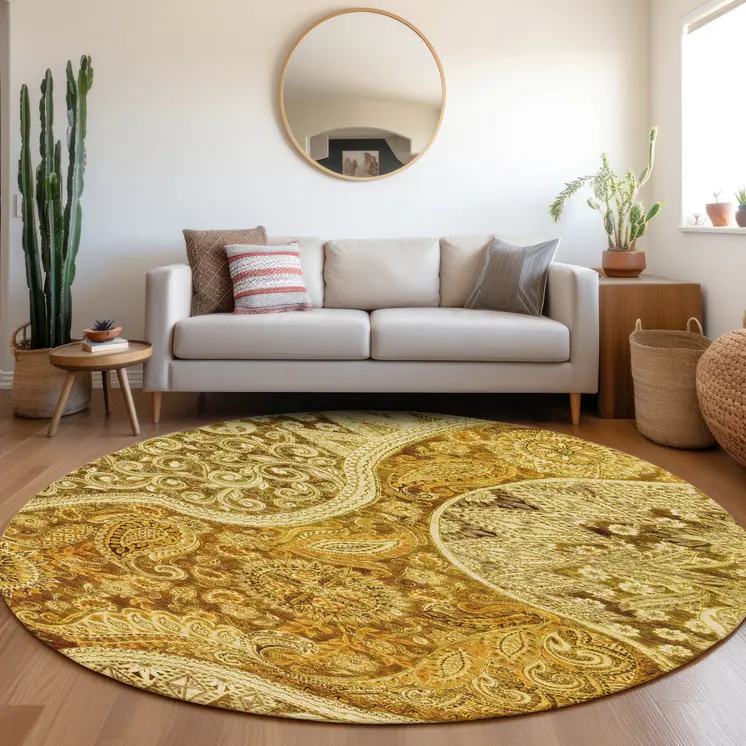 8' Terra Cotta Brown And Gold Round Floral Medallion Washable Indoor Outdoor Area Rug