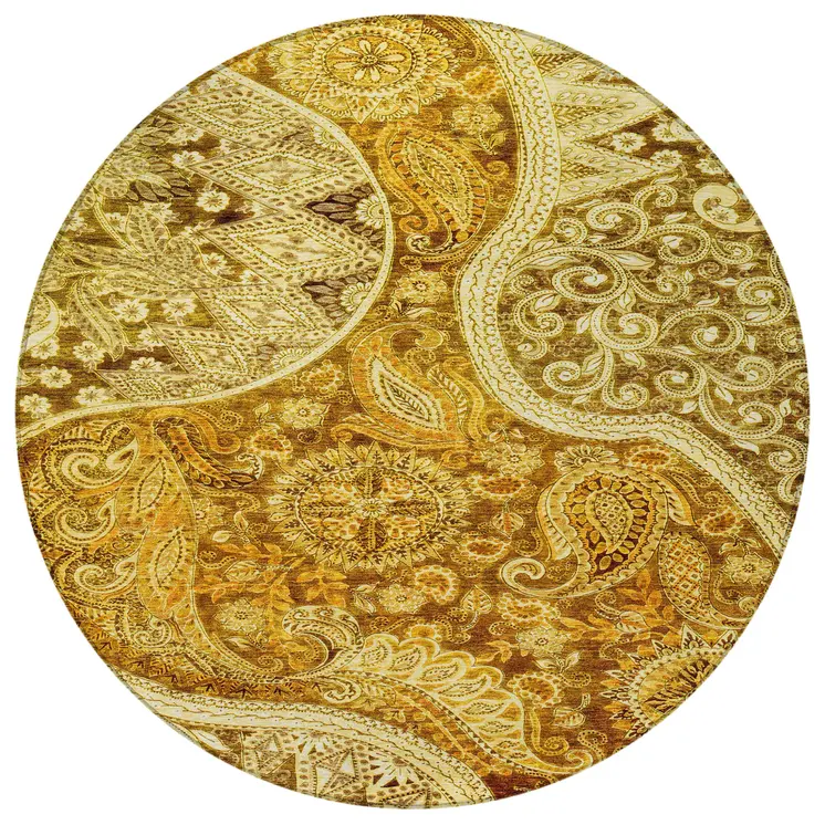 8' Terra Cotta Brown And Gold Round Floral Medallion Washable Indoor Outdoor Area Rug