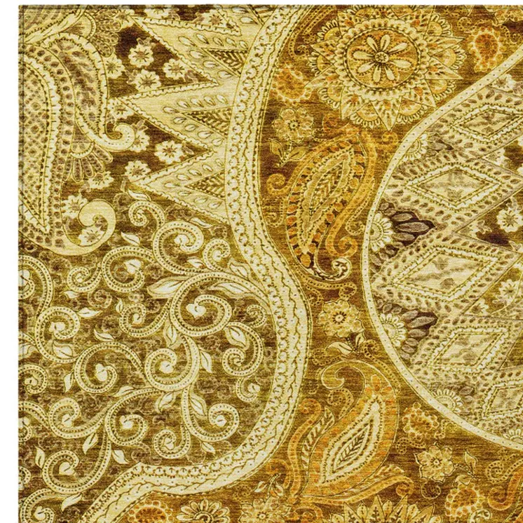 10' X 14' Terra Cotta Brown And Gold Floral Medallion Washable Indoor Outdoor Area Rug