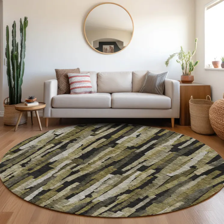 8' Brown Black And Green Round Striped Washable Indoor Outdoor Area Rug