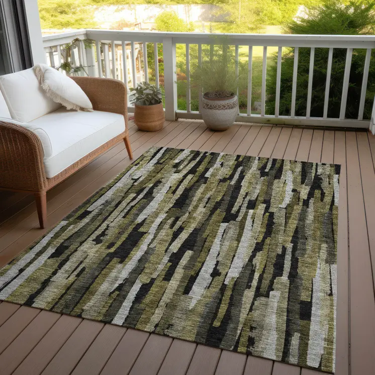 9' X 12' Brown Black And Green Striped Washable Indoor Outdoor Area Rug