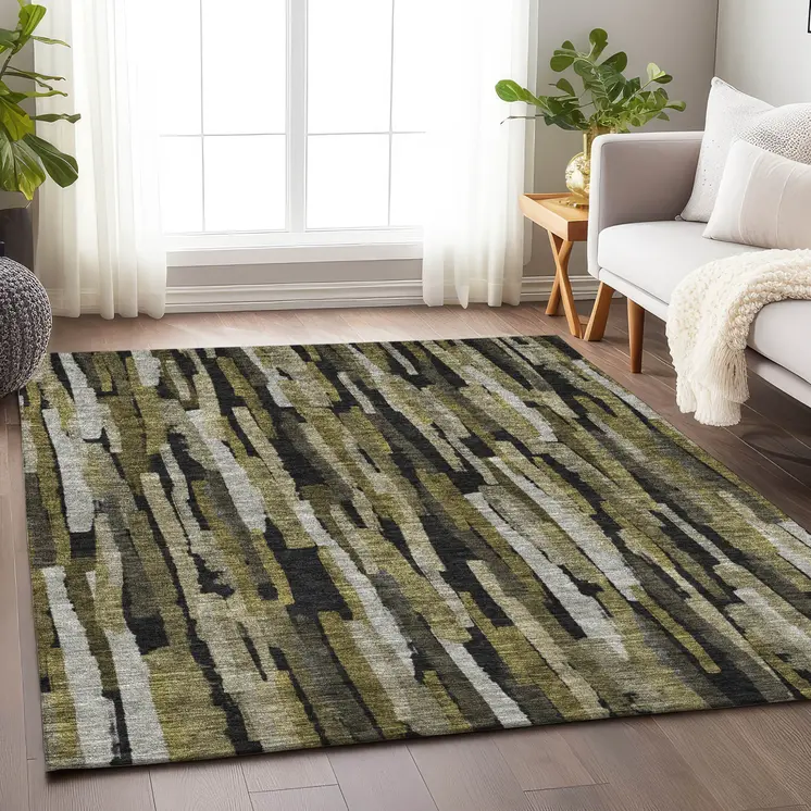 9' X 12' Brown Black And Green Striped Washable Indoor Outdoor Area Rug