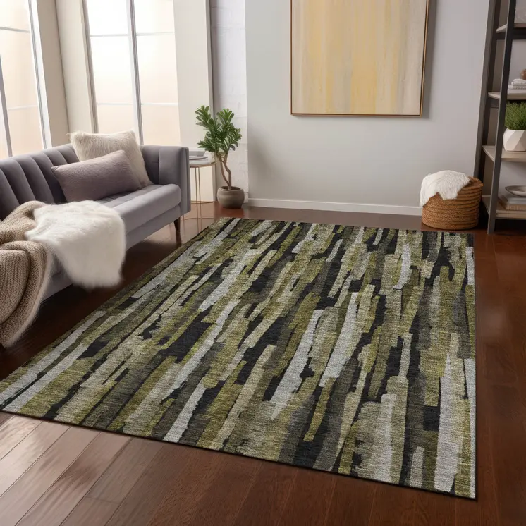 9' X 12' Brown Black And Green Striped Washable Indoor Outdoor Area Rug