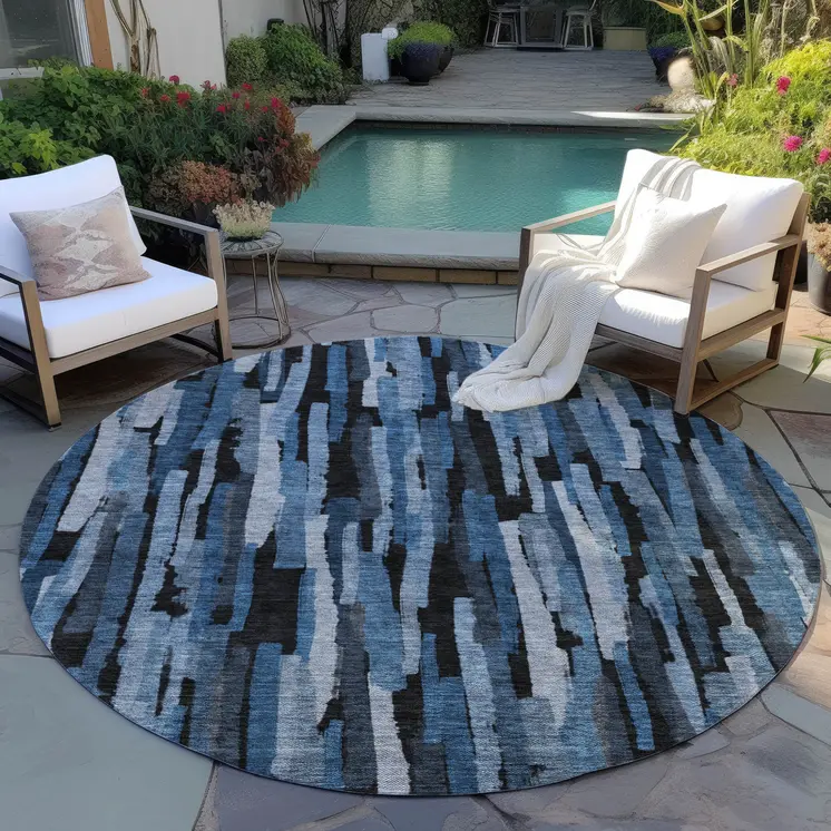 8' Blue Black And Gray Round Striped Washable Indoor Outdoor Area Rug