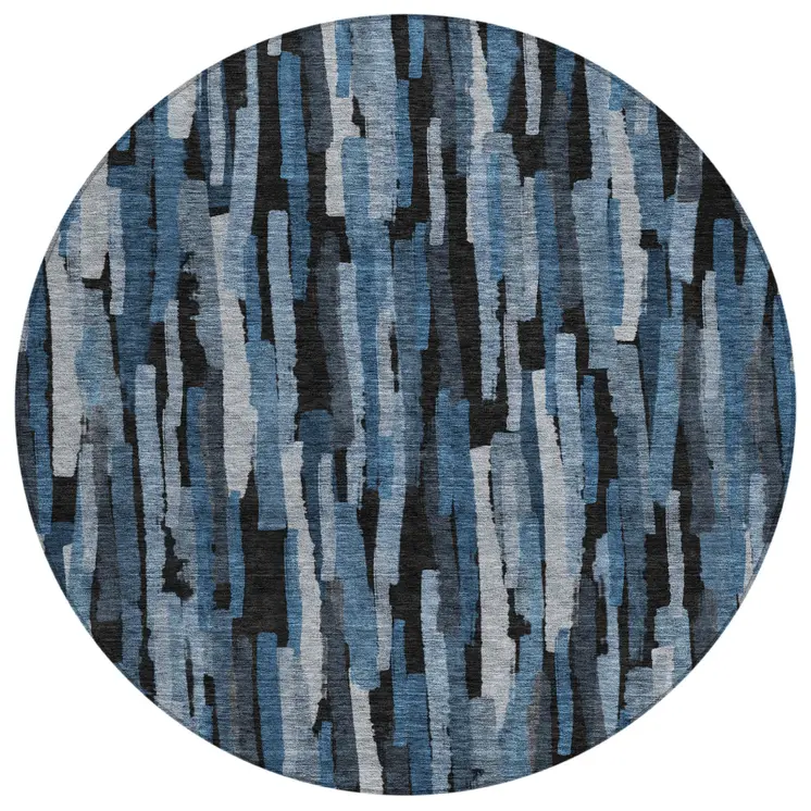 8' Blue Black And Gray Round Striped Washable Indoor Outdoor Area Rug