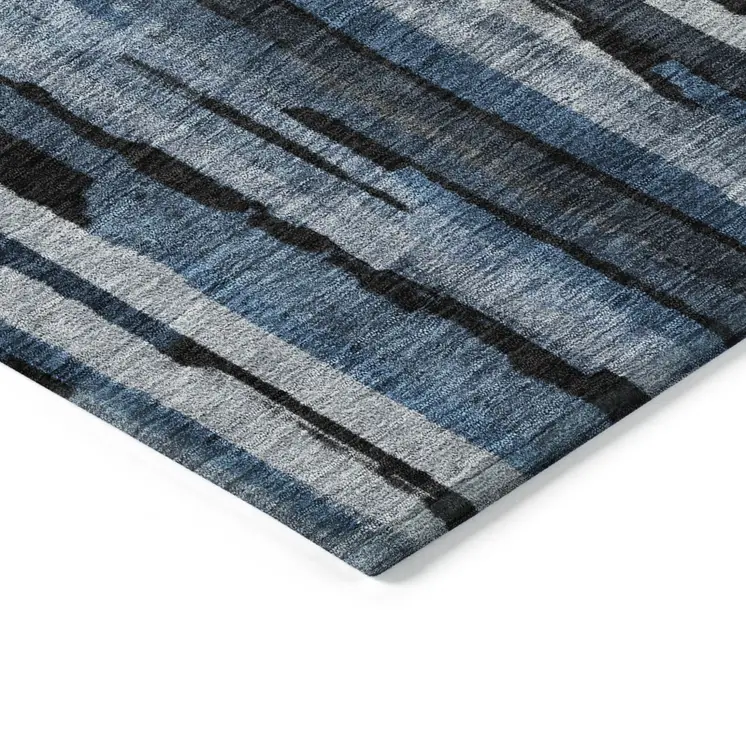 8' Blue Black And Gray Round Striped Washable Indoor Outdoor Area Rug