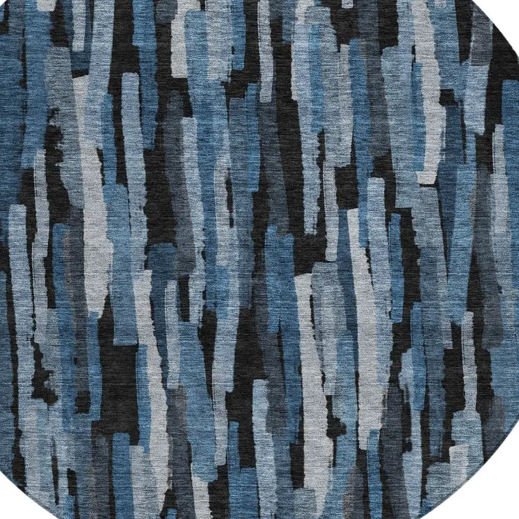8' Blue Black And Gray Round Striped Washable Indoor Outdoor Area Rug