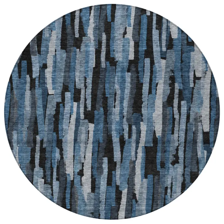 8' Blue Black And Gray Round Striped Washable Indoor Outdoor Area Rug