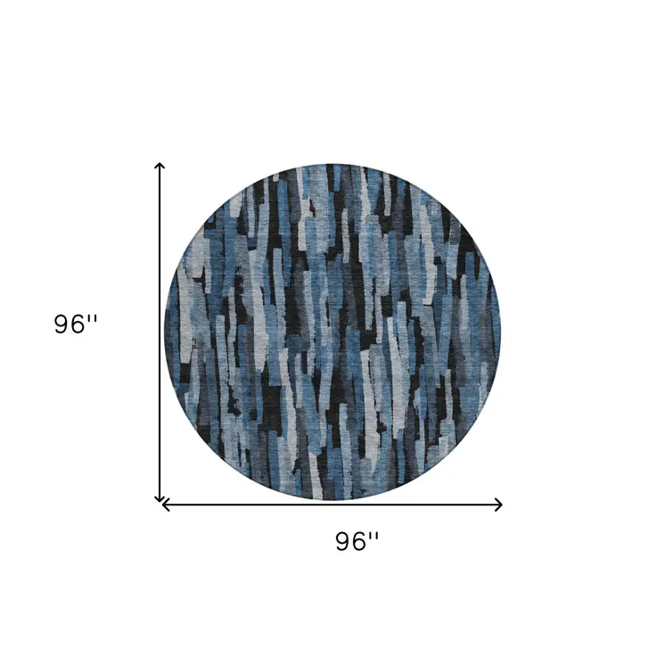 8' Blue Black And Gray Round Striped Washable Indoor Outdoor Area Rug