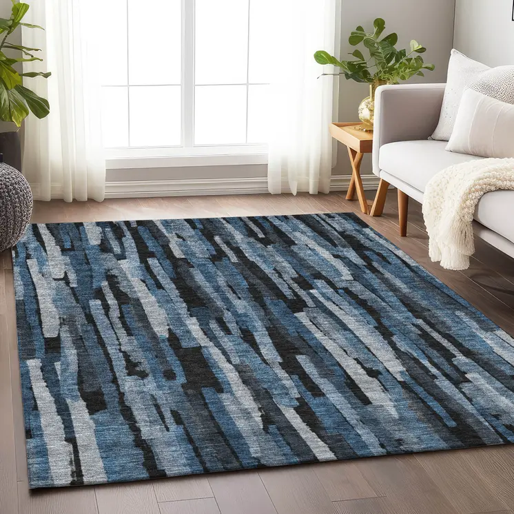 9' X 12' Blue Black And Gray Striped Washable Indoor Outdoor Area Rug