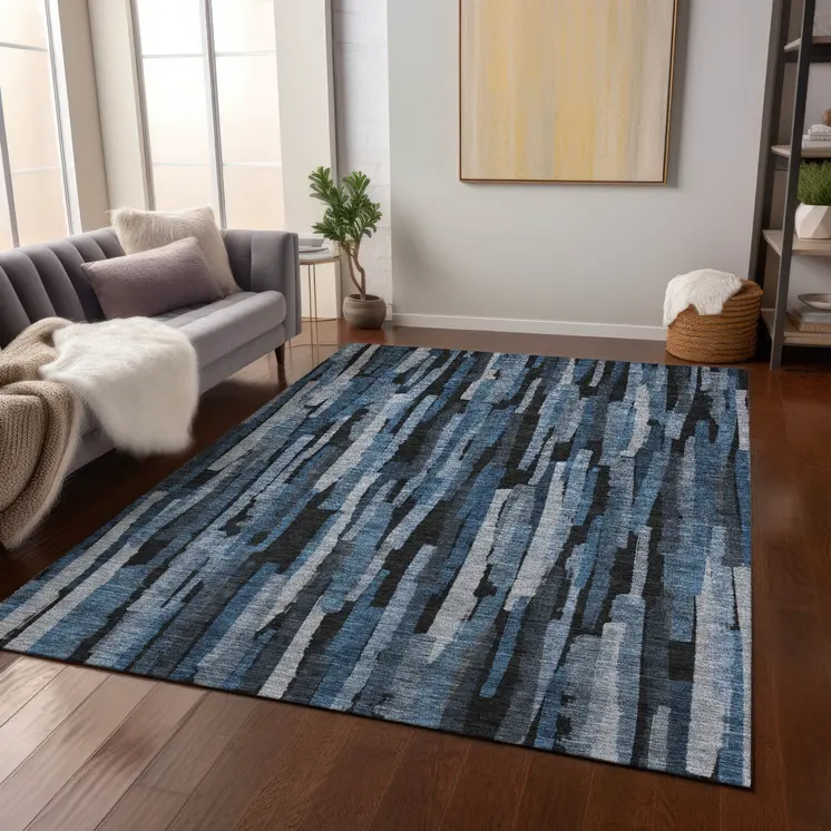 9' X 12' Blue Black And Gray Striped Washable Indoor Outdoor Area Rug