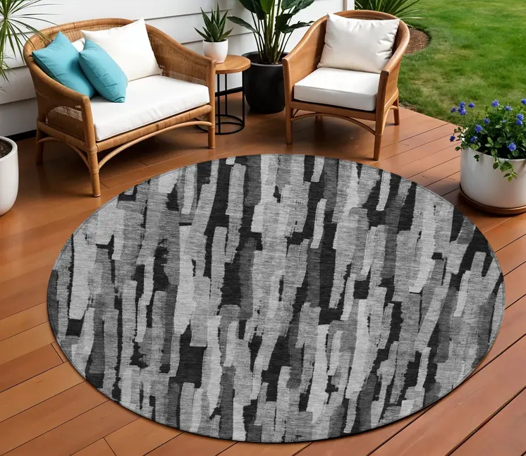 8' Gray And Black Round Striped Washable Indoor Outdoor Area Rug