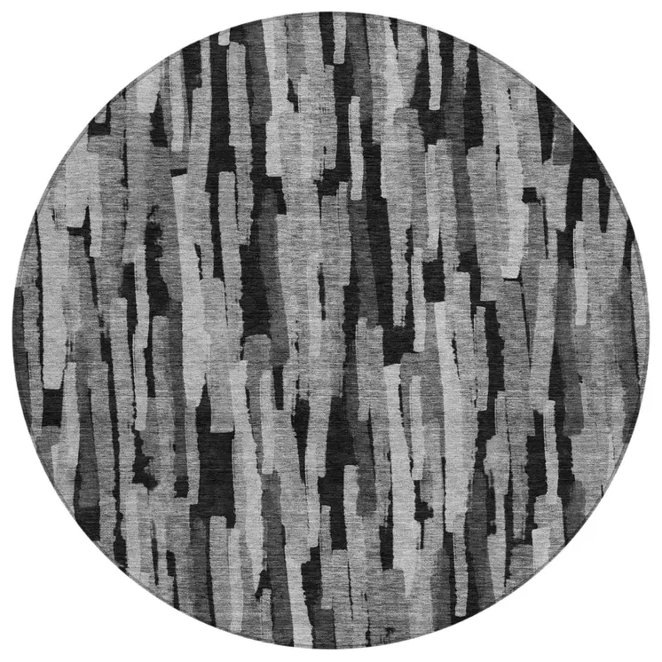 8' Gray And Black Round Striped Washable Indoor Outdoor Area Rug