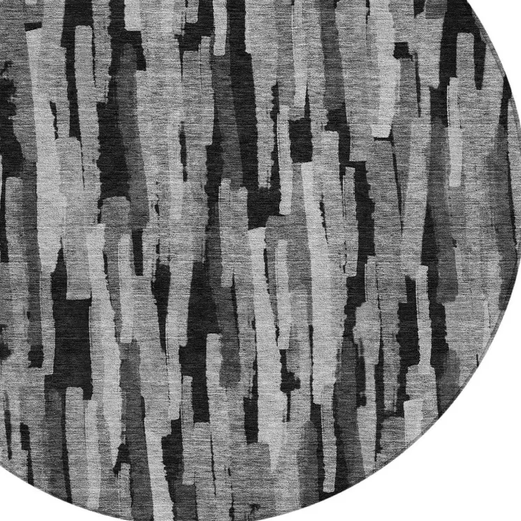 8' Gray And Black Round Striped Washable Indoor Outdoor Area Rug