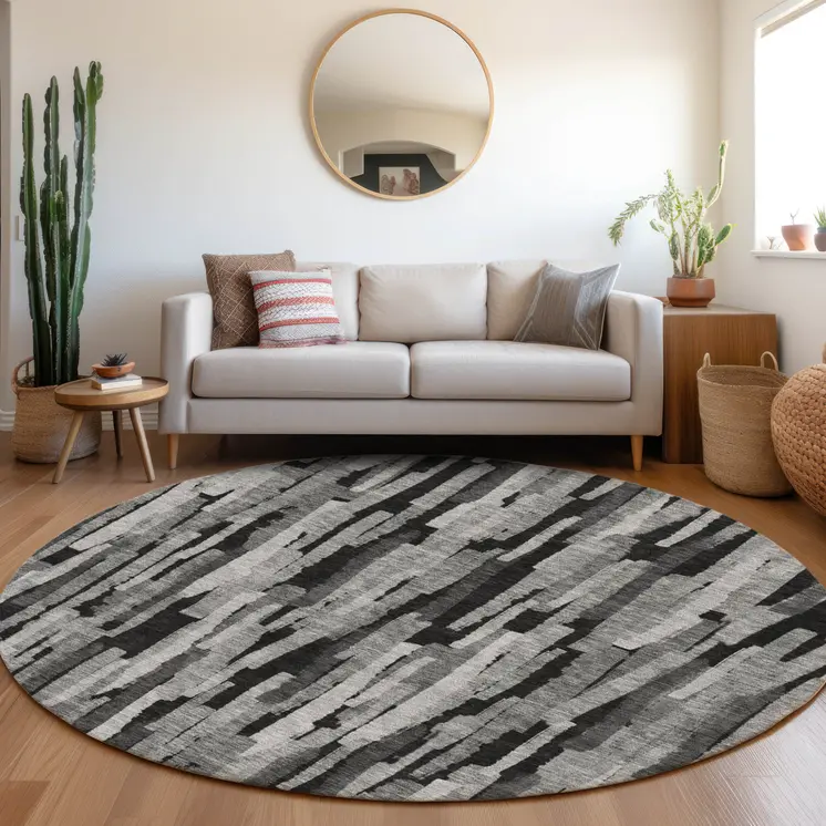 8' Gray And Black Round Striped Washable Indoor Outdoor Area Rug