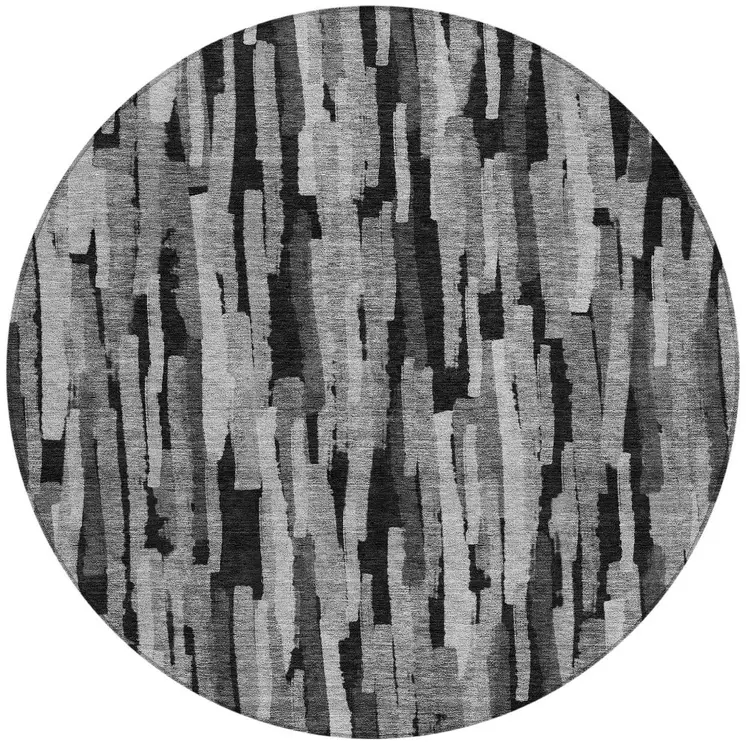 8' Gray And Black Round Striped Washable Indoor Outdoor Area Rug