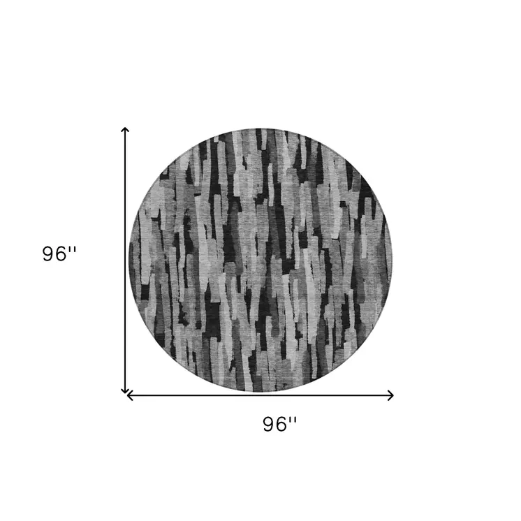 8' Gray And Black Round Striped Washable Indoor Outdoor Area Rug
