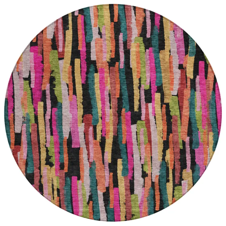 8' Pink Black And Green Round Striped Washable Indoor Outdoor Area Rug