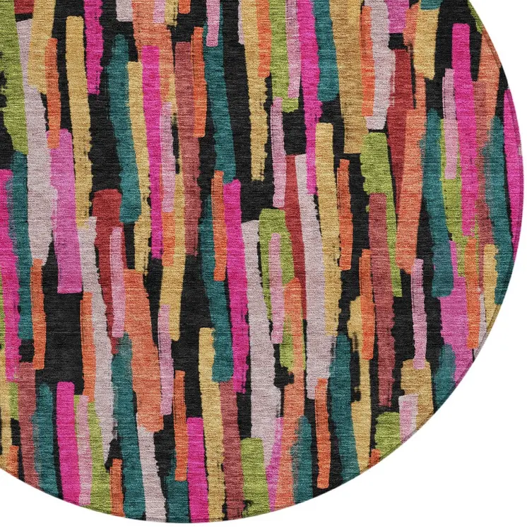 8' Pink Black And Green Round Striped Washable Indoor Outdoor Area Rug