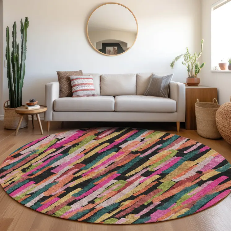 8' Pink Black And Green Round Striped Washable Indoor Outdoor Area Rug