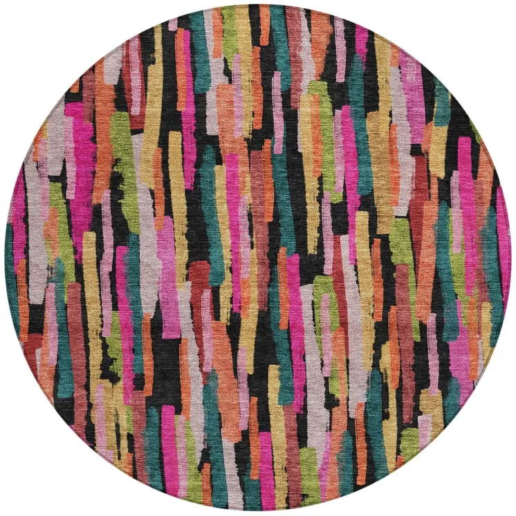 8' Pink Black And Green Round Striped Washable Indoor Outdoor Area Rug