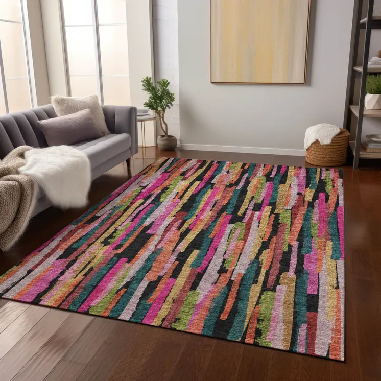 8' X 10' Pink Black And Green Striped Washable Indoor Outdoor Area Rug