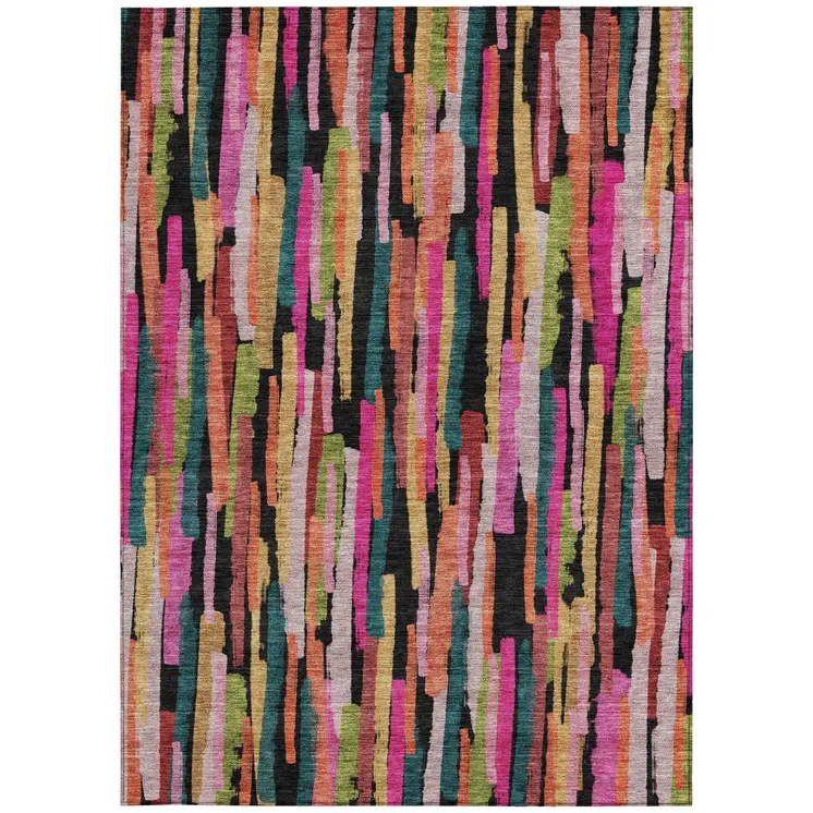 9' X 12' Pink Black And Green Striped Washable Indoor Outdoor Area Rug