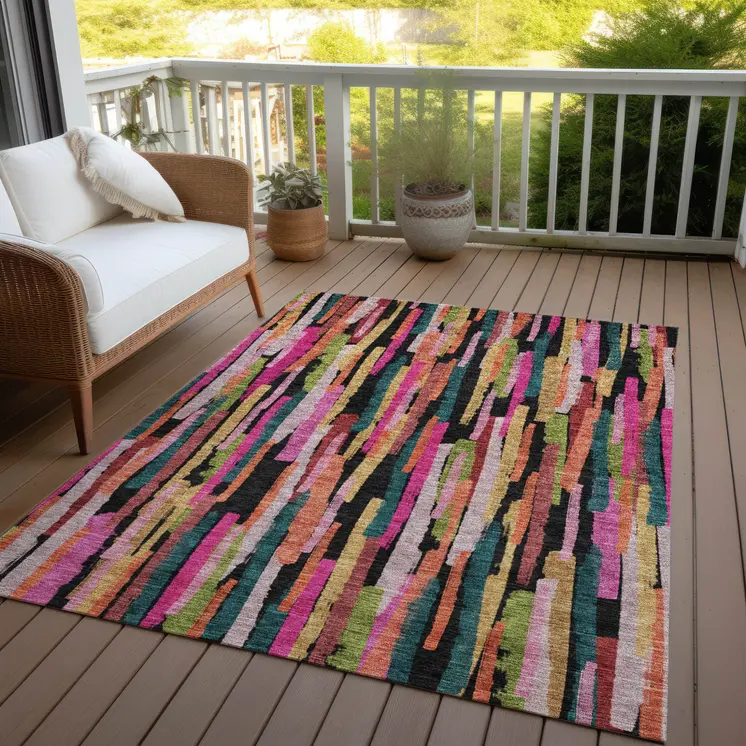9' X 12' Pink Black And Green Striped Washable Indoor Outdoor Area Rug