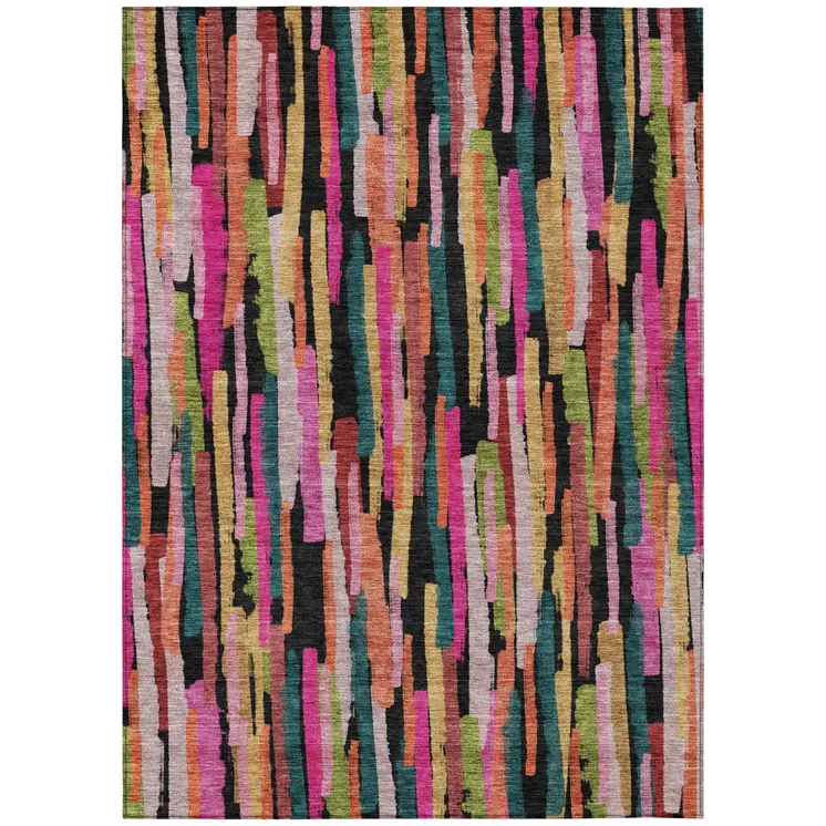 9' X 12' Pink Black And Green Striped Washable Indoor Outdoor Area Rug