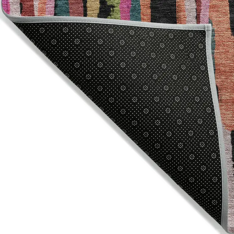9' X 12' Pink Black And Green Striped Washable Indoor Outdoor Area Rug