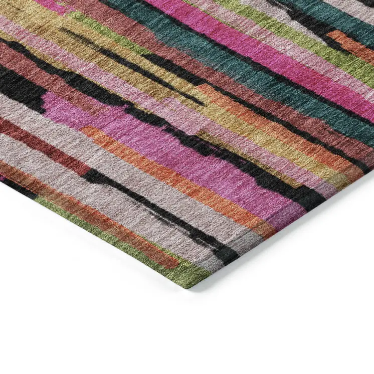 9' X 12' Pink Black And Green Striped Washable Indoor Outdoor Area Rug