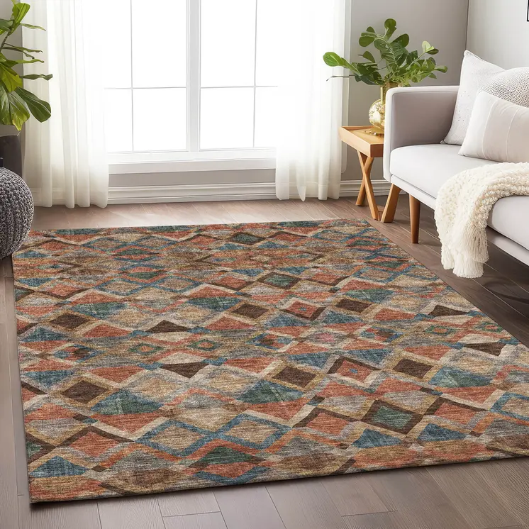 5' X 8' Brown Gray And Tan Geometric Washable Indoor Outdoor Area Rug