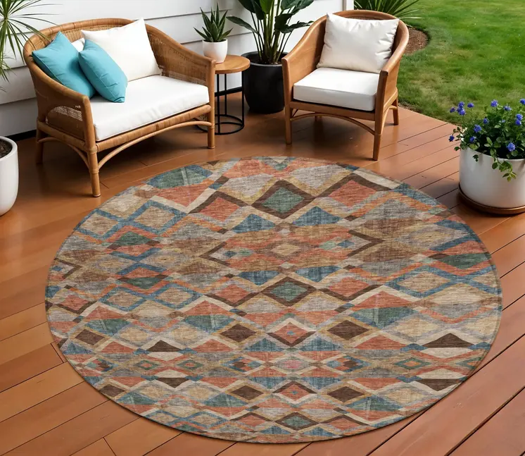 8' Brown Gray And Tan Round Geometric Washable Indoor Outdoor Area Rug