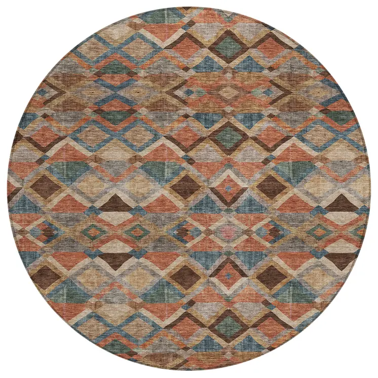 8' Brown Gray And Tan Round Geometric Washable Indoor Outdoor Area Rug