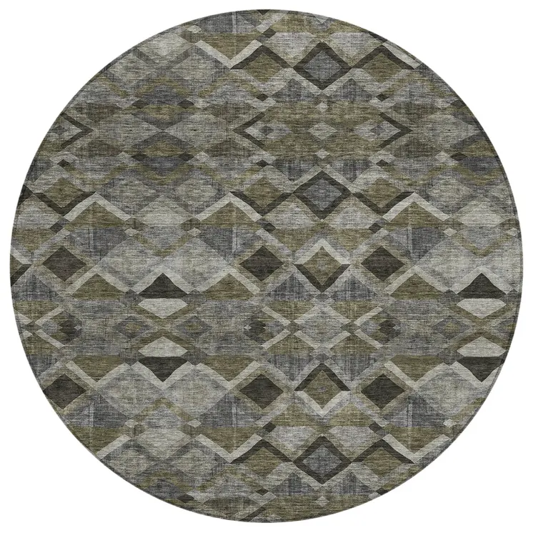 8' Gray And Charcoal Round Geometric Washable Indoor Outdoor Area Rug