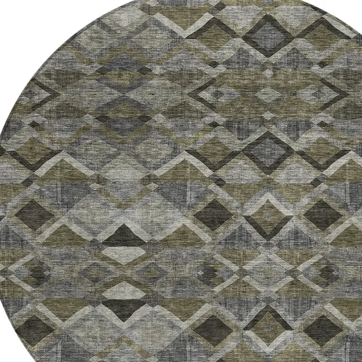 8' Gray And Charcoal Round Geometric Washable Indoor Outdoor Area Rug