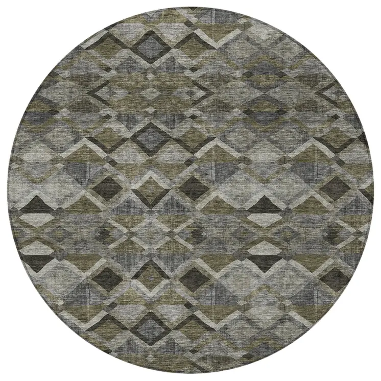 8' Gray And Charcoal Round Geometric Washable Indoor Outdoor Area Rug